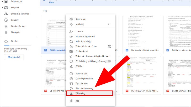 Chọn v&agrave; nhấn Tải xuống file Google Docs m&agrave; bạn muốn chuyển đổi